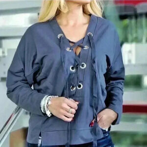 LANGLEY Lace up Grommet Casual Top - Blue